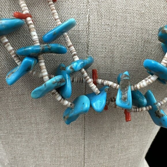 Vintage Navajo Necklace Earrings SET Turquoise Coral Nuggets & Shells 3 Strands - Picture 4 of 11